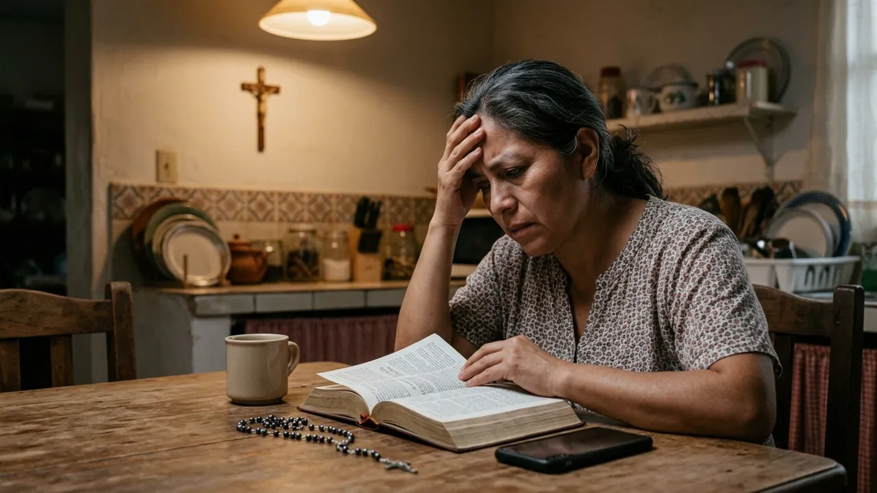 Una mujer en la mesa de su cocina relee la misma página de la Biblia sin terminar de entenderla